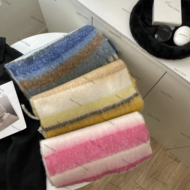 Naiste Kašmiir Sall Talvine Soe Triibud Sall Luksuslik Pika Paksendatud Mohäärist Vikerkaar Sallid Kontrastsed Tutid Moeümbris