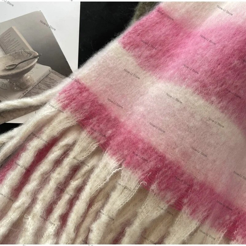 Naiste Kašmiir Sall Talvine Soe Triibud Sall Luksuslik Pika Paksendatud Mohäärist Vikerkaar Sallid Kontrastsed Tutid Moeümbris