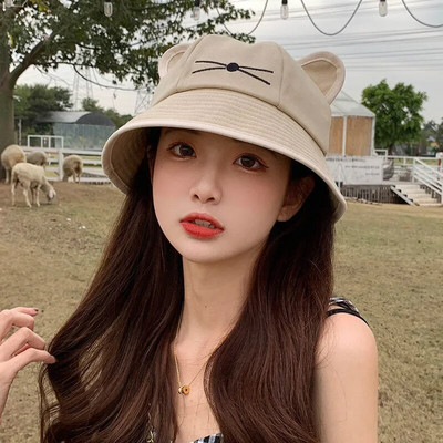 Korea koomiksikassi kõrvad, naised, tüdrukud, ämbrikübar Kevadsuvi Kawaii rannaekskursioon päikesesirm Mütsid laia äärega täispuuvillane Panama müts