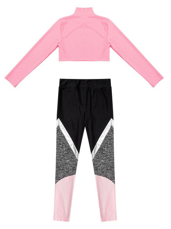 Детско спортно облекло за момичета Скъсен топ с дълъг ръкав и гамаши с цветни блокове Комплект за танцова тренировка Фитнес костюм Комплекти за йога Анцуг