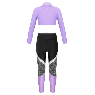 Детско спортно облекло за момичета Скъсен топ с дълъг ръкав и гамаши с цветни блокове Комплект за танцова тренировка Фитнес костюм Комплекти за йога Анцуг