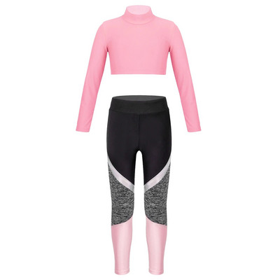 Детско спортно облекло за момичета Скъсен топ с дълъг ръкав и гамаши с цветни блокове Комплект за танцова тренировка Фитнес костюм Комплекти за йога Анцуг