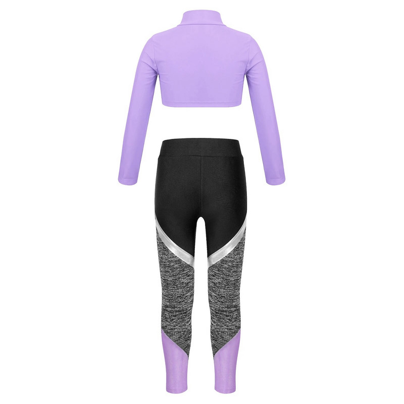 Детско спортно облекло за момичета Скъсен топ с дълъг ръкав и гамаши с цветни блокове Комплект за танцова тренировка Фитнес костюм Комплекти за йога Анцуг