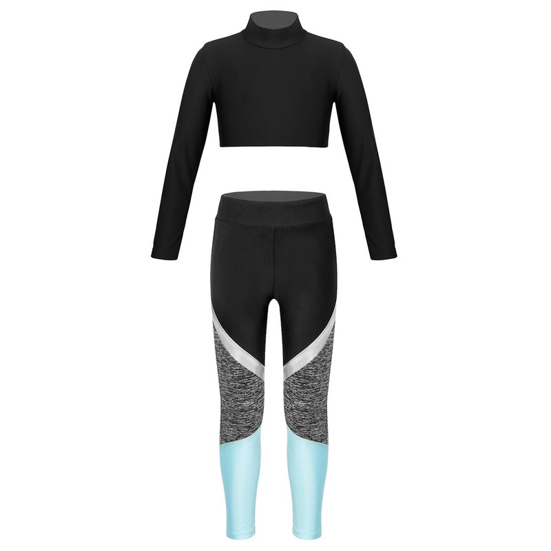 Детско спортно облекло за момичета Скъсен топ с дълъг ръкав и гамаши с цветни блокове Комплект за танцова тренировка Фитнес костюм Комплекти за йога Анцуг