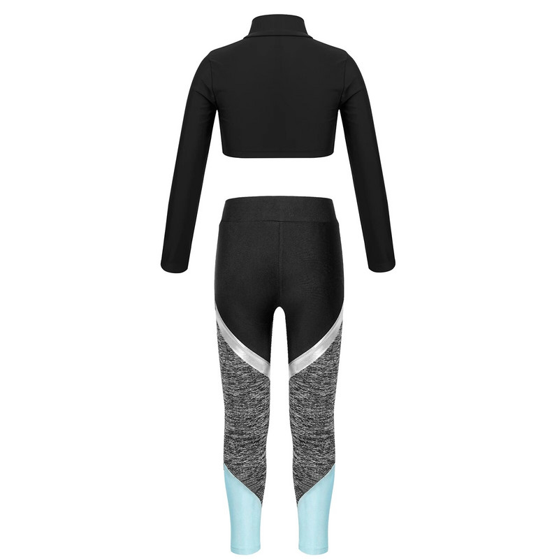 Детско спортно облекло за момичета Скъсен топ с дълъг ръкав и гамаши с цветни блокове Комплект за танцова тренировка Фитнес костюм Комплекти за йога Анцуг