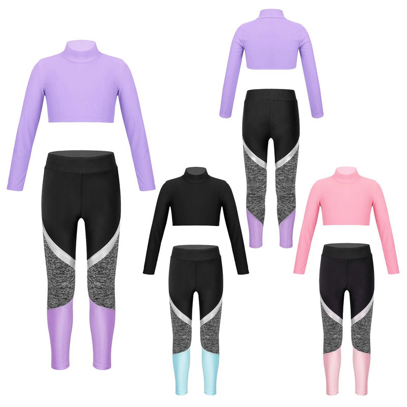 Детско спортно облекло за момичета Скъсен топ с дълъг ръкав и гамаши с цветни блокове Комплект за танцова тренировка Фитнес костюм Комплекти за йога Анцуг