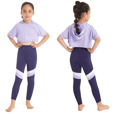 Детски спортен костюм за момичета, облекло за модерни танци, екипи за тренировка, гимнастика, комплект анцуг, суитчър с качулка, горнища и панталони, клинове
