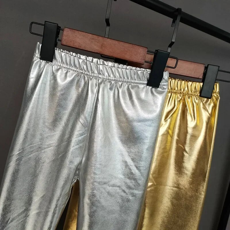 Auksinės sidabrinės antblauzdžiai vaikiškos kelnės mergaičių pavasario rudens vaikams elastinės dirbtinės odos antblauzdžiai siauros pieštukų kelnės Mergaičių antblauzdžiai