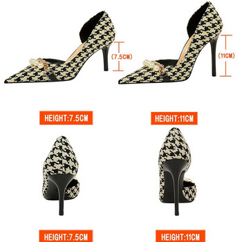 BIGTREE Παπούτσια 2023 Spring Women Pumps Pearl Metal Chain Ψηλοτάκουνες γόβες καρό Grain Stilettos Γυναικείες γόβες Luxury Banquet Shoes 43
