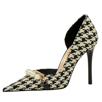 BIGTREE Παπούτσια 2023 Spring Women Pumps Pearl Metal Chain Ψηλοτάκουνες γόβες καρό Grain Stilettos Γυναικείες γόβες Luxury Banquet Shoes 43