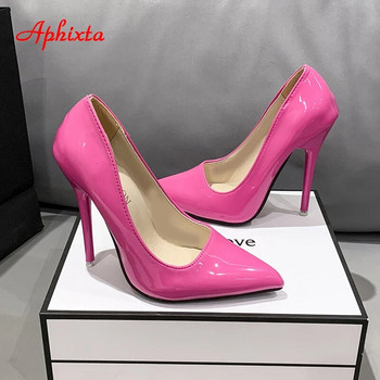 Aphixta Нови 4,72-инчови супер високи токчета с лачена кожа Дамски помпи Цветни официални обувки с остри пръсти Плюс голям размер 49 50