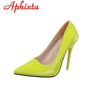 Aphixta Нови 4,72-инчови супер високи токчета с лачена кожа Дамски помпи Цветни официални обувки с остри пръсти Плюс голям размер 49 50