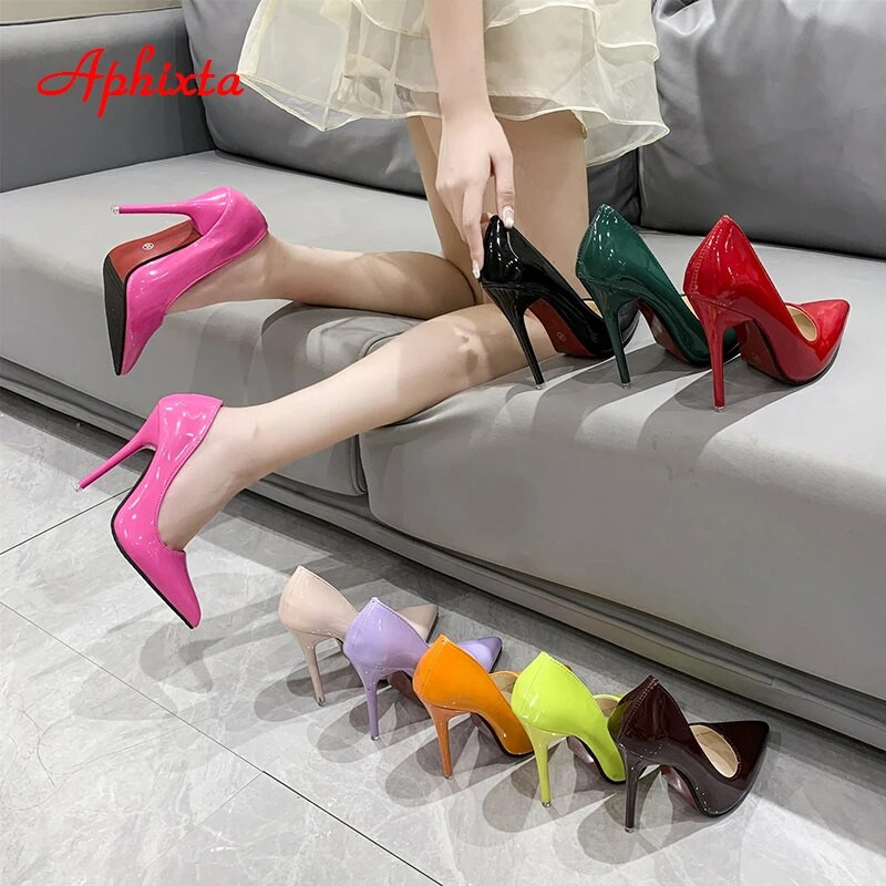 Aphixta Нови 4,72-инчови супер високи токчета с лачена кожа Дамски помпи Цветни официални обувки с остри пръсти Плюс голям размер 49 50