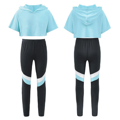 Деца, момичета, спортни костюми, костюм за джогинг, екип за фитнес, къси ръкави, кратък топ с панталон, пуловер за бягане във фитнес зала, спортно облекло