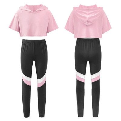 Деца, момичета, спортни костюми, костюм за джогинг, екип за фитнес, къси ръкави, кратък топ с панталон, пуловер за бягане във фитнес зала, спортно облекло