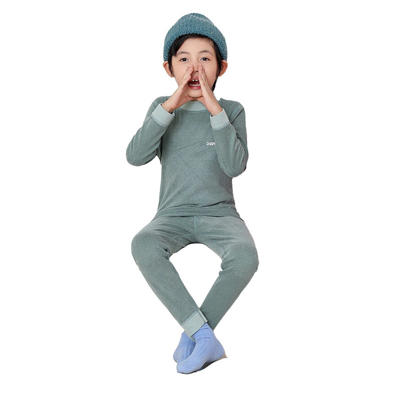 Деца Момичета Момчета Топъл комплект термо бельо от руно Горнища с дълги ръкави с фалшиво деколте с панталони Пижами за домашно облекло Домашно облекло