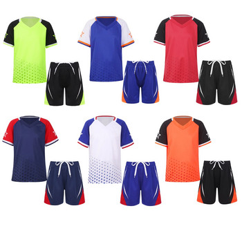 2бр. Детски футболен спортен костюм за момчета, тениска с V-образно деколте и къси ръкави, комплект футболни униформи, тренировъчен костюм, спортен анцуг