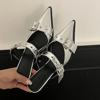Пънк готически сандали с високи токчета с метална катарама Дамски летни 2023 г. Сребърни парти обувки с остри пръсти Дамски сандали на тънък ток в корейски стил