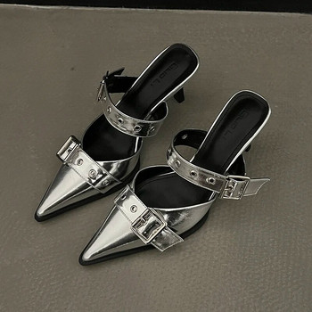 Пънк готически сандали с високи токчета с метална катарама Дамски летни 2023 г. Сребърни парти обувки с остри пръсти Дамски сандали на тънък ток в корейски стил