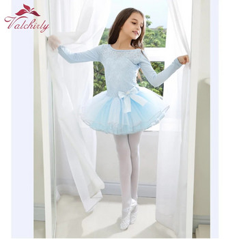 Синя зимна рокля с дълги ръкави за момичета, балетно трико, дантелено танцово облекло, пухкава пола за деца