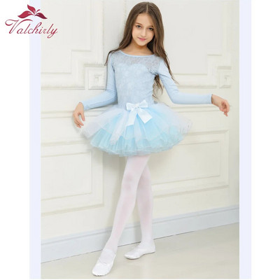 Kék téli hosszú ujjú lányok balett trikó Tutu ruha csipke táncruházat puffos szoknya gyerekeknek