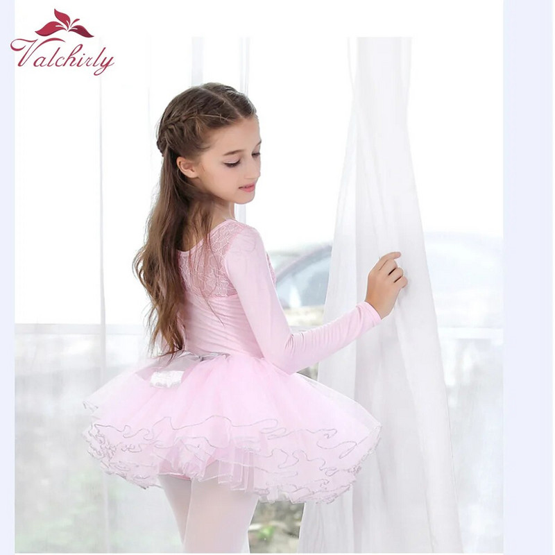 Синя зимна рокля с дълги ръкави за момичета, балетно трико, дантелено танцово облекло, пухкава пола за деца