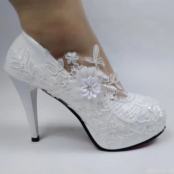 BaoYaFang White Flower Pumps Новопристигнали дамски сватбени обувки Bride Обувки на платформа с високи токчета за жени, дамски обувки за парти