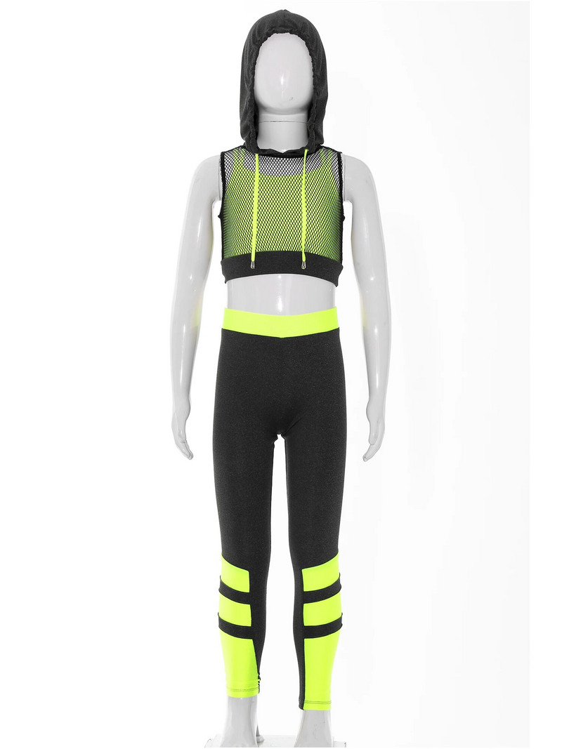 Детски спортен комплект от три части, камизола, мрежеста жилетка с качулка и еластичен колан, дълги клинове, костюм за танци, спорт и фитнес