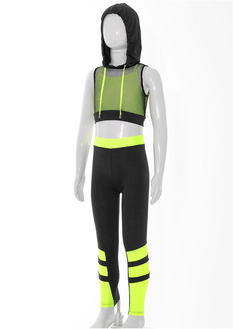 Детски спортен комплект от три части, камизола, мрежеста жилетка с качулка и еластичен колан, дълги клинове, костюм за танци, спорт и фитнес