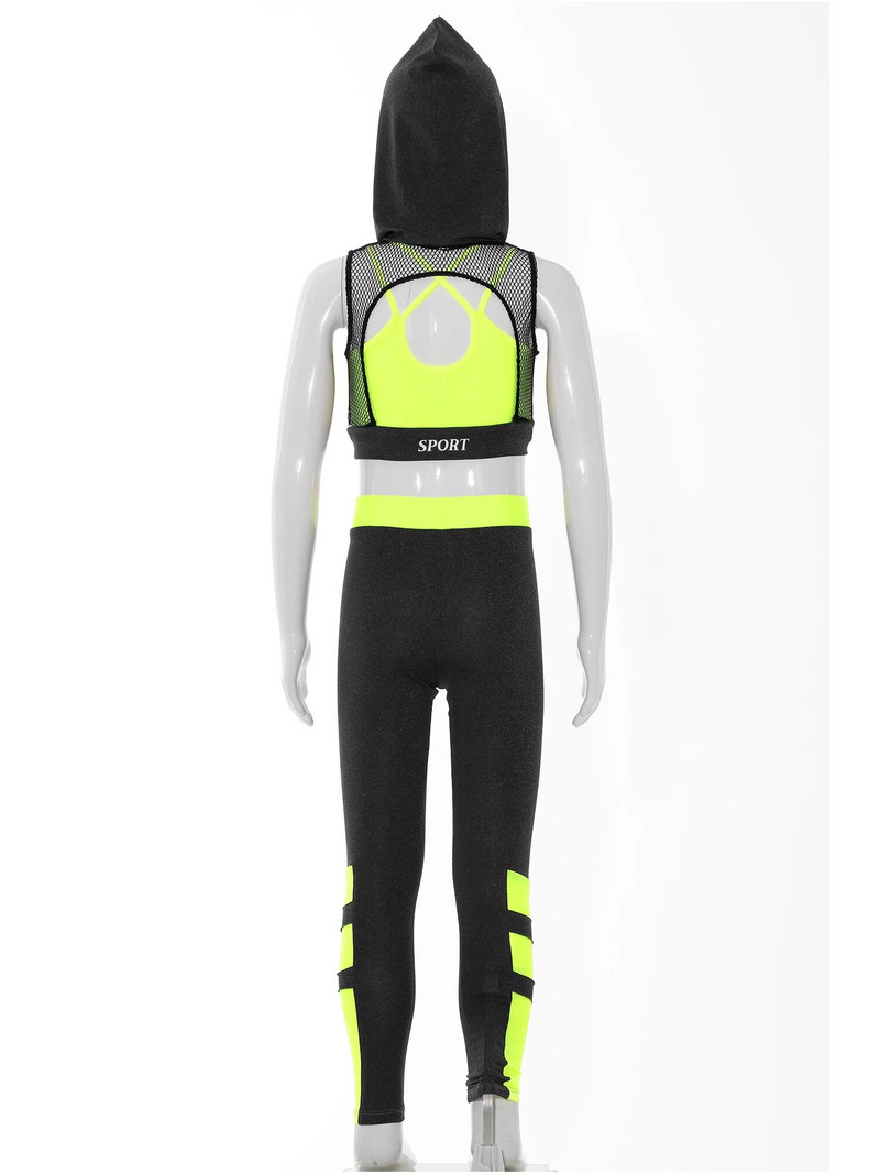 Детски спортен комплект от три части, камизола, мрежеста жилетка с качулка и еластичен колан, дълги клинове, костюм за танци, спорт и фитнес