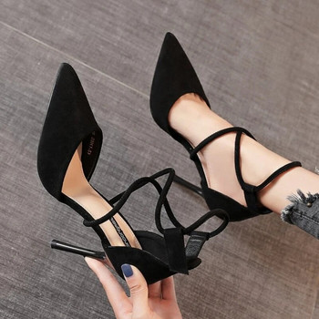 Дамски велурени обувки с висок ток 9 см 2023 г. Нови модни заострени стилети, секси черни сватбени обувки Голи булчински обувки на ток Дамски