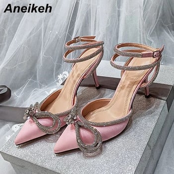 Aneikeh PVC стил Блестящи кристали Дамски помпи Crystal Bowknot Сатен Дамски копринени високи токчета Парти обувки 2024 Пролет Размер 35-42