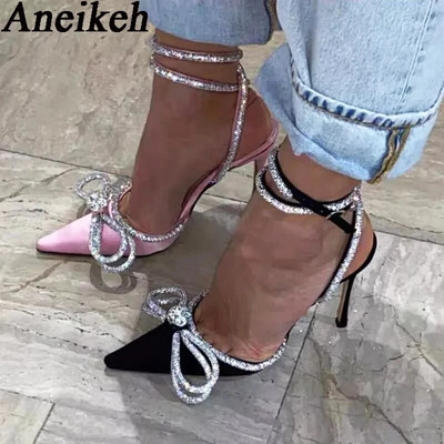 Anekeh PVC Style Glitter Rhinestones Sieviešu pumpas Crystal Bowknot Satīna Sieviešu zīda augstpapēžu kurpes ballītēm 2024. gada pavasara 35-42 izmērs