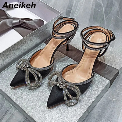 Anekeh PVC Style Glitter Rhinestones Sieviešu pumpas Crystal Bowknot Satīna Sieviešu zīda augstpapēžu kurpes ballītēm 2024. gada pavasara 35-42 izmērs