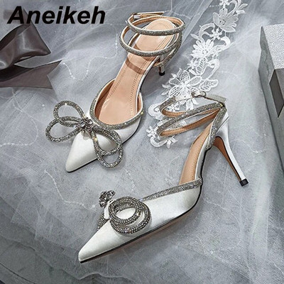 Anekeh PVC Style Glitter Rhinestones Sieviešu pumpas Crystal Bowknot Satīna Sieviešu zīda augstpapēžu kurpes ballītēm 2024. gada pavasara 35-42 izmērs