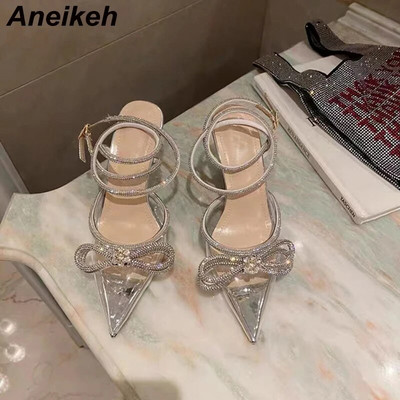Anekeh PVC Style Glitter Rhinestones Sieviešu pumpas Crystal Bowknot Satīna Sieviešu zīda augstpapēžu kurpes ballītēm 2024. gada pavasara 35-42 izmērs
