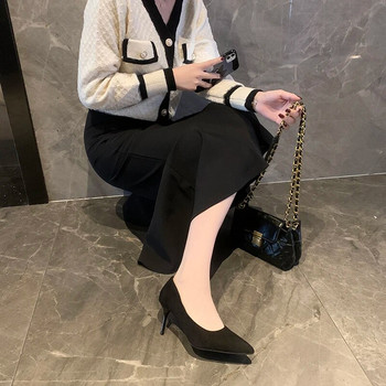 Дамски нови сандали на среден ток, черни 6-8-10 см остри тънки токчета Baotou Банкетни обувки на висок ток Дамски обувки Tacones Mujer