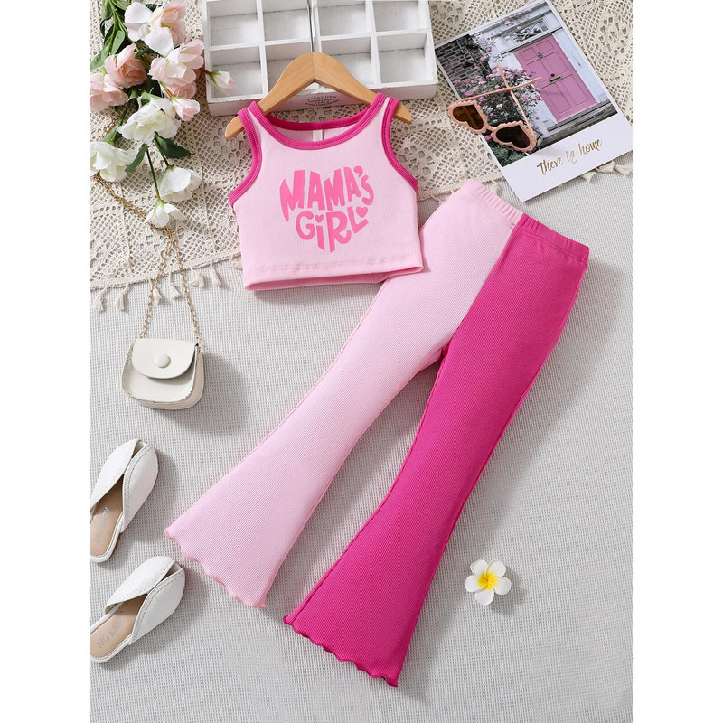 2PCS Детска мода за момичета, контрастен цвят, рипсено облекло, щампа с букви, без ръкави, потник с изрязани панталони, ежедневно облекло