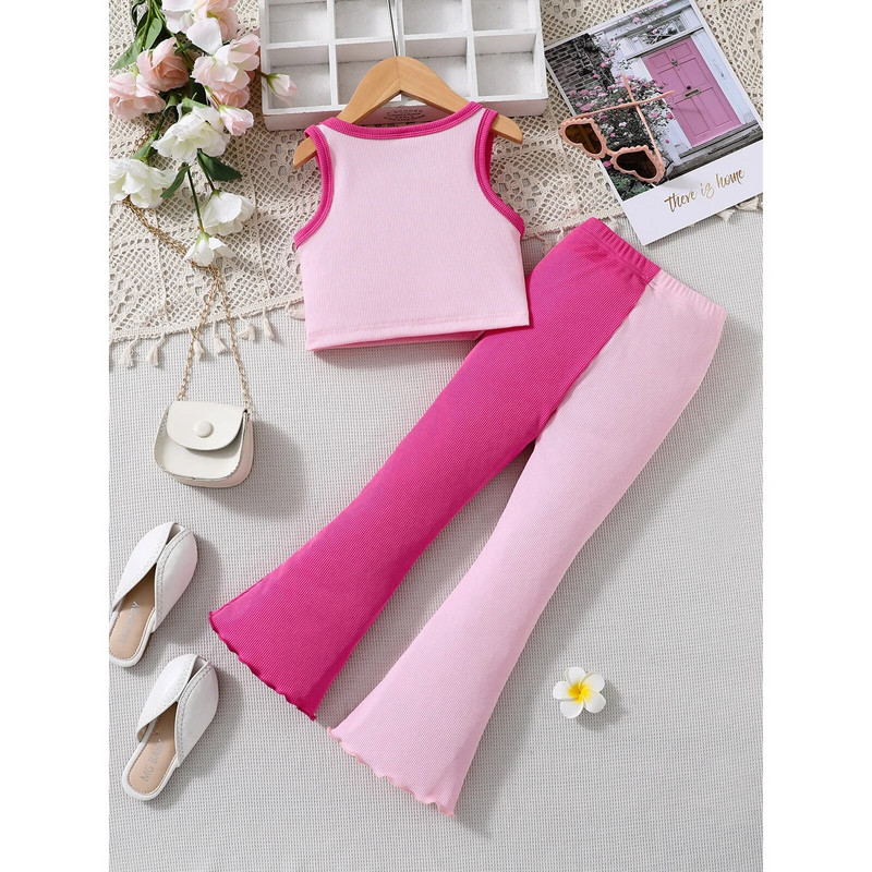 2PCS Детска мода за момичета, контрастен цвят, рипсено облекло, щампа с букви, без ръкави, потник с изрязани панталони, ежедневно облекло