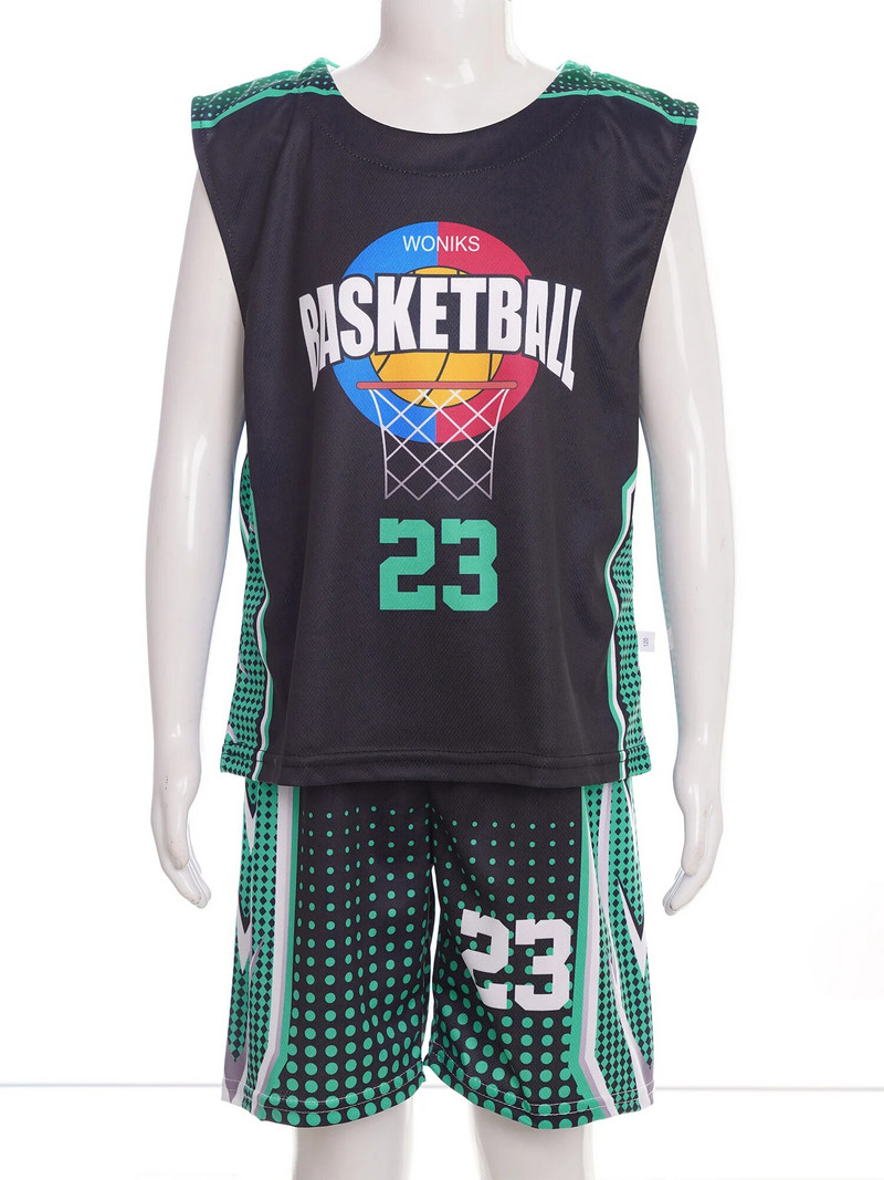 Vasaras unisex bērni zēni meitenes sporta uzvalks modes apdrukāts apaļš kakls bez piedurknēm T-krekls ar šortiem, basketbola apģērbs