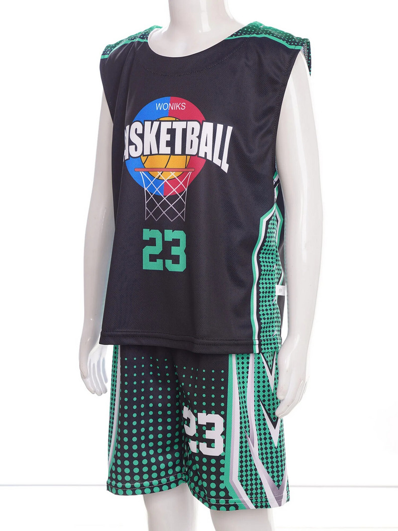 Vasaras unisex bērni zēni meitenes sporta uzvalks modes apdrukāts apaļš kakls bez piedurknēm T-krekls ar šortiem, basketbola apģērbs