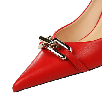 Обувки BIGTREE Елегантни дамски помпи Дамски обувки с котешки токчета с метални копчета Банкетни обувки с остър ток Голям размер 43