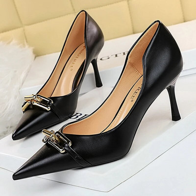 BIGTREE Cipők Elegáns Női Pumpák Fém Gombos Kitten Heels Női Cipők Stiletto bankett Cipők Hegyes magassarkú nagy 43