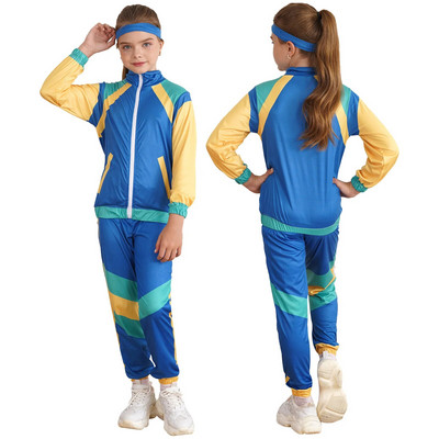 Bērnu unisex 80. gadu retro diskotēkas kostīmu augšdaļas bikšu galvas lentes komplekts Hiphopa kostīmu deju treniņtērps, sporta tērps skatuves karnevāla ballītei