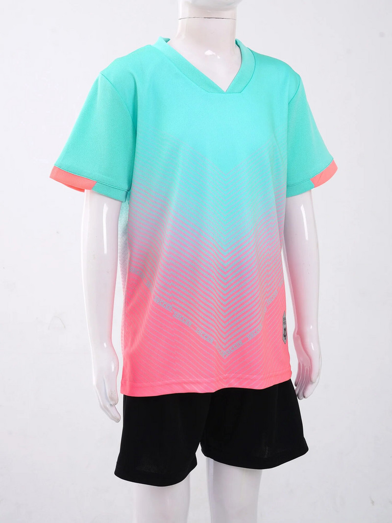 2PCS 2023 Детска момчешка униформа за футболен отбор Баскетболни спортни екипи Градиентен принт с V-образно деколте Тениска с къс ръкав Шорти с шнурове