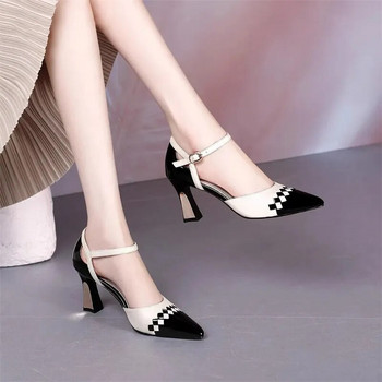 Дамски сладки, сладки бежови висококачествени офис европейски стилни обувки на ток Дамски ежедневни черни обувки тип тип Zapatos De Mujer E400