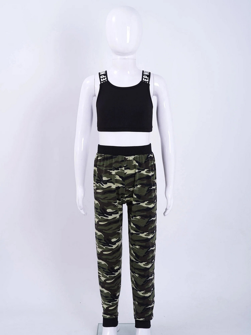 TiaoBug 2Pcs Детски момичета без ръкави с широки презрамки Укорочена жилетка и комплект панталони с камуфлажен принт за тренировка Модерен танц Йога Бягане