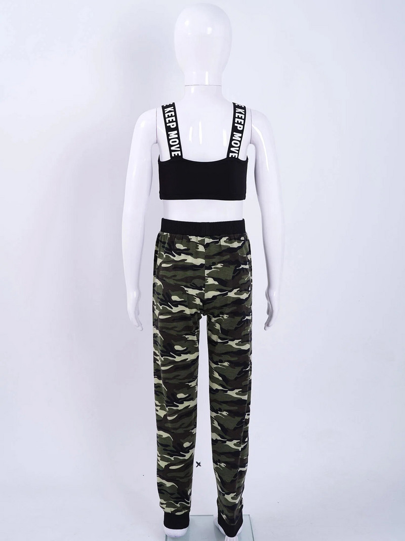 TiaoBug 2Pcs Детски момичета без ръкави с широки презрамки Укорочена жилетка и комплект панталони с камуфлажен принт за тренировка Модерен танц Йога Бягане