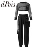 Modes bērnu treniņtērps meitenēm sporta zālei, sporta kostīmi, tīklveida krekls ar garām piedurknēm, ar veste, biksēm bērniem Džeza hiphop apģērbu komplekti
