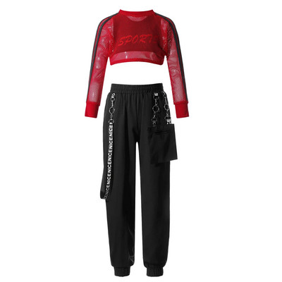 Modes bērnu treniņtērps meitenēm sporta zālei, sporta kostīmi, tīklveida krekls ar garām piedurknēm, ar veste, biksēm bērniem Džeza hiphop apģērbu komplekti